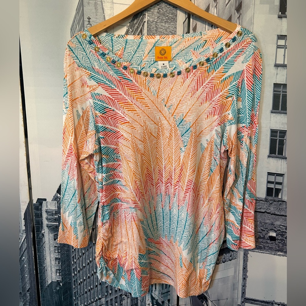 Ruby Rd. Multi-Color Scoop Neck Long Sleeve Top